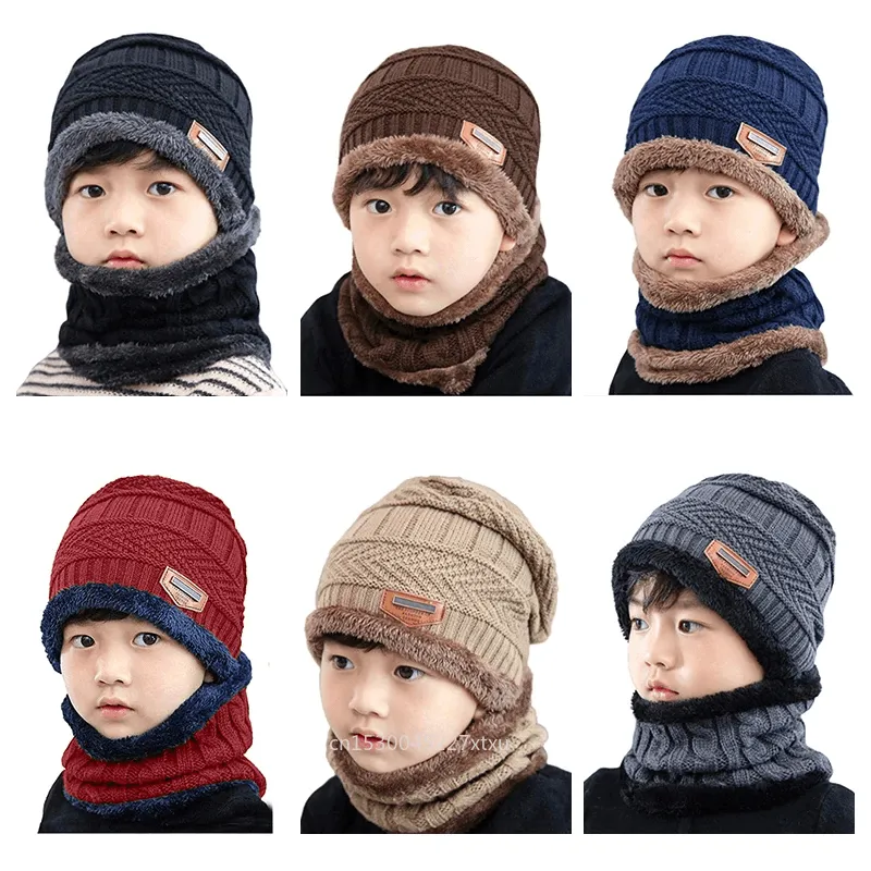 Chapeau tricoté chaud pour enfants, 2 pièces, avec écharpes, écharpe en laine épaisse, accessoires d'hiver pour garçons et filles