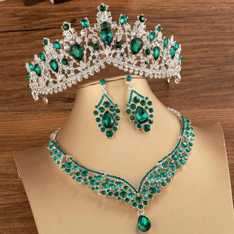 Ketting oorbellen set DIEZI barok groen kristal elegante luxe bruiloft kroon tiara en bruids waterdruppel sieraden