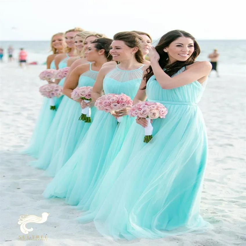 Modische helltürkisfarbene Brautjungfernkleider in Übergröße, Strand-Tüll, günstiges Hochzeitsgast-Partykleid, lange plissierte Abendkleider, 260 W