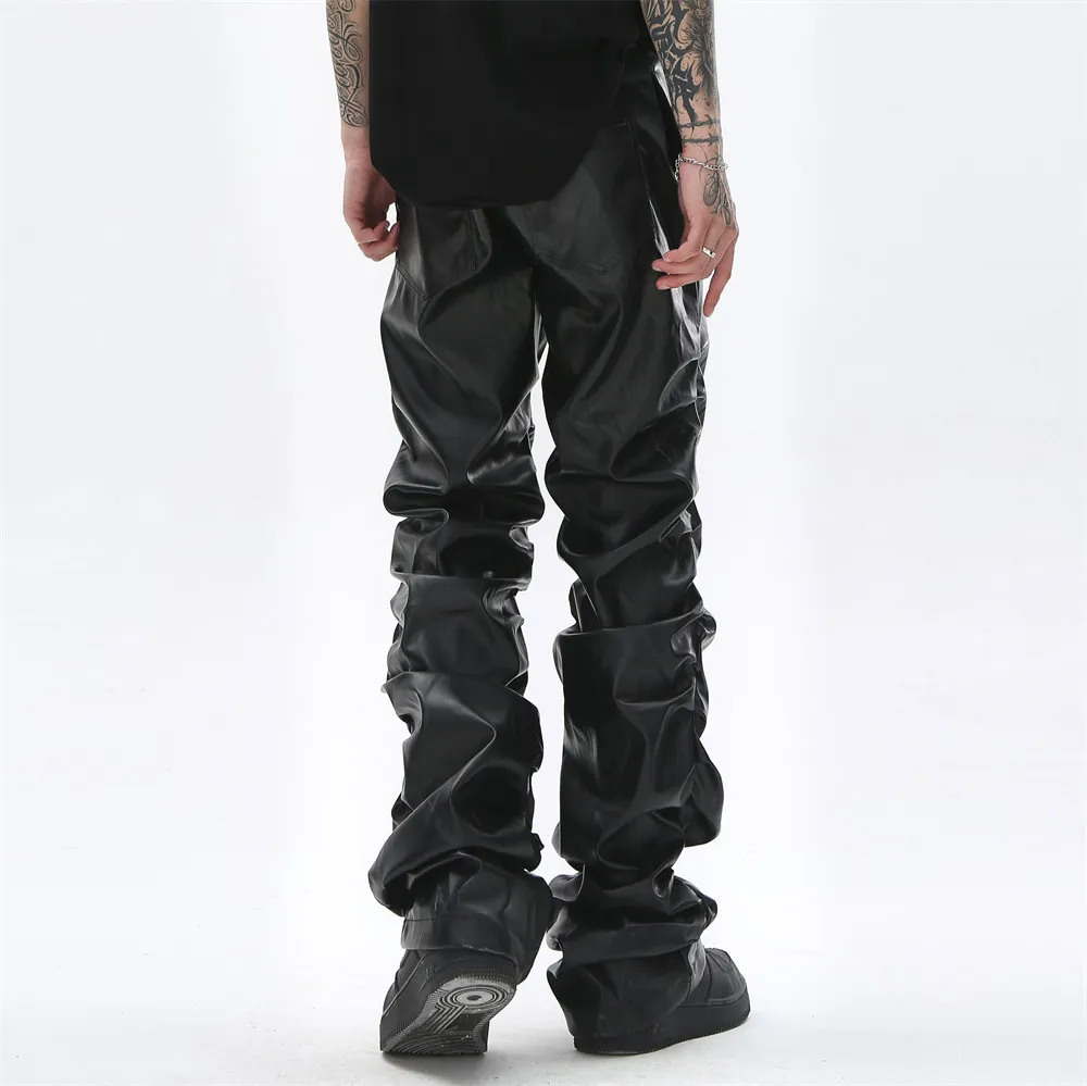 Hip Hop Mens Pu Leather Stacked Pants Retro Streetwear Loose