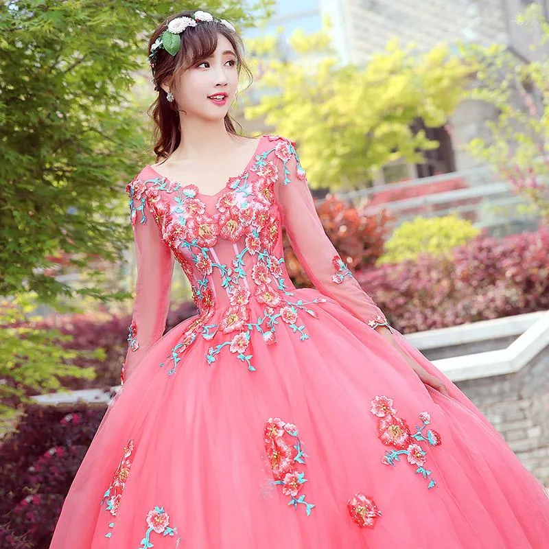 Casual Dresses Watermelon Red Flowers Ball Gown Dream Fairy Long Princess Dress Studio/Stage/Chorus/Victorian