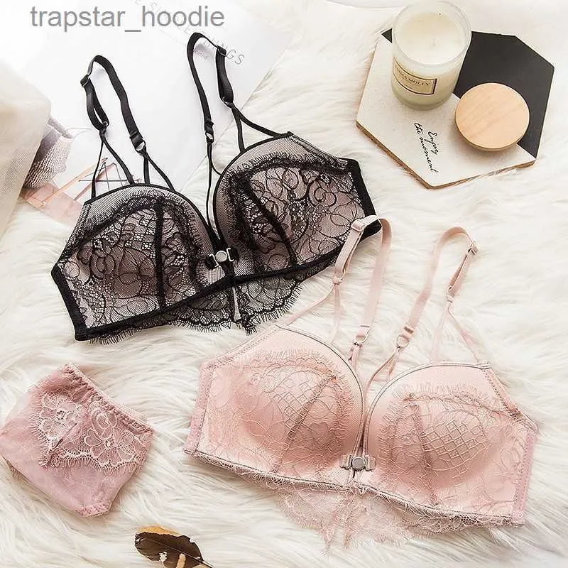 BHs Sets Wasteheart Frauen Mode Rosa Grün Sexy Dessous Sets Baumwolle Höschen Unterwäsche Push-Up BH Sets Cup A B Front Verschluss Wireless Y200708 L230919