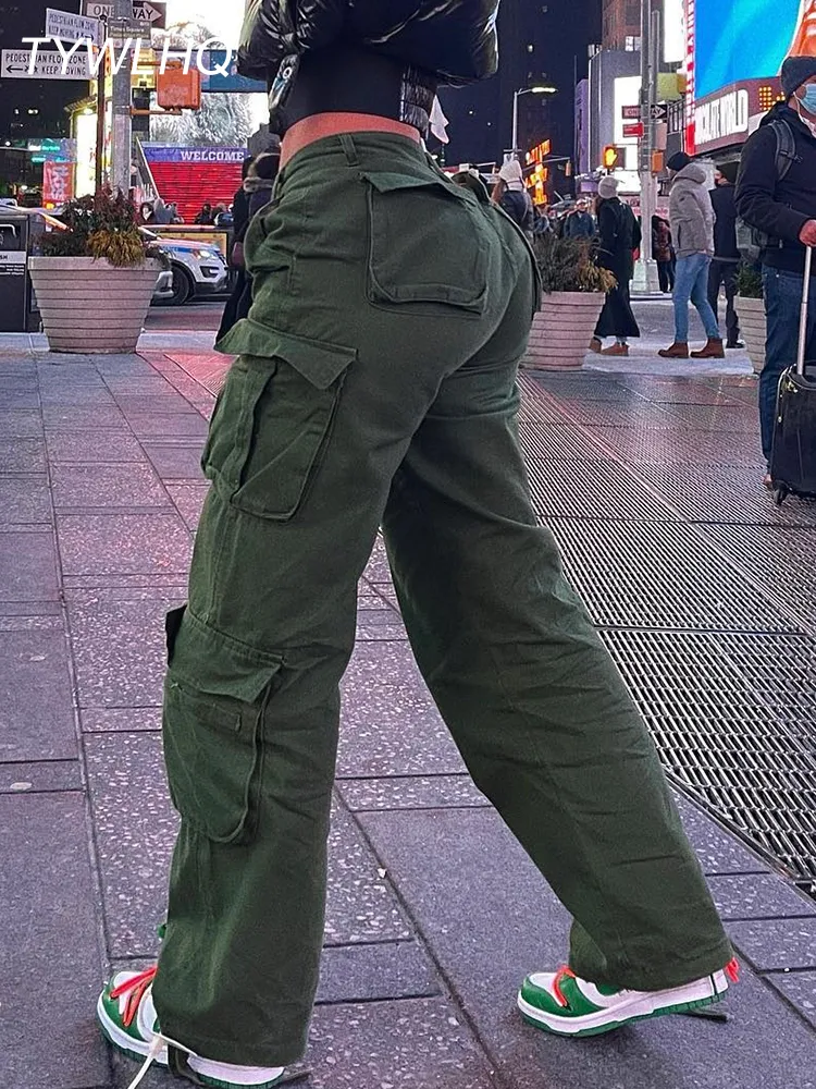 Army Green Cargo Pants Flap Pockets High Waist Loose Fit Non - Temu Poland