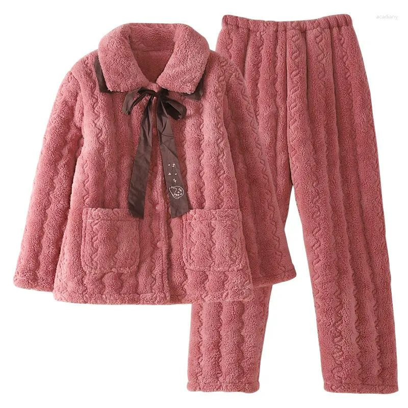 Pijamas femininos 2 pçs pijamas engrossados de pelúcia coral veludo quente com decote em v topo calças soltas adorável flanela loungewear conjunto para mulher