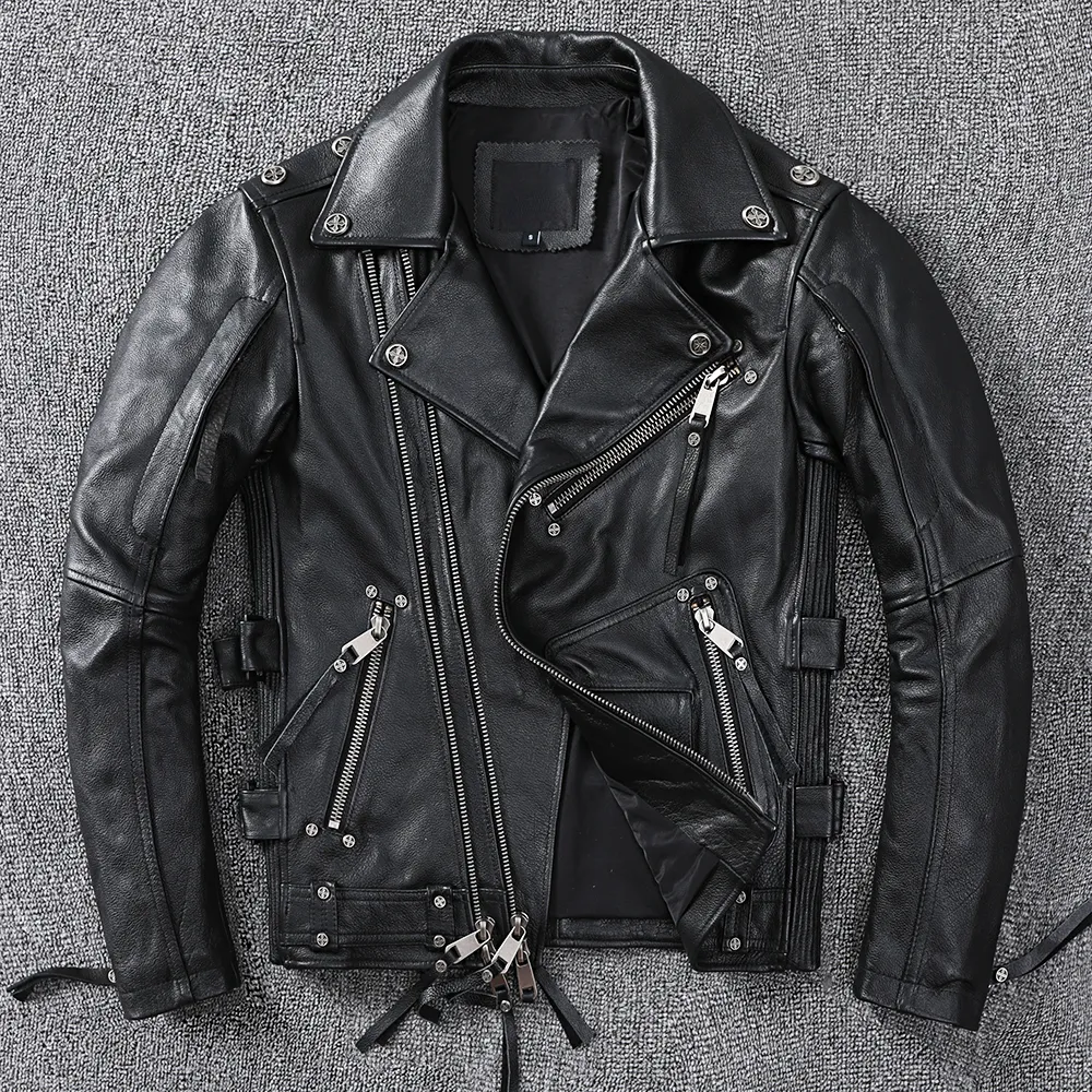 Cuir pour hommes Faux cuir noir moto veste en cuir hommes naturel véritable peau de vache coupe ajustée Vintage marron hommes Biker Racer vestes fermeture éclair oblique S ~ 9XL 230919