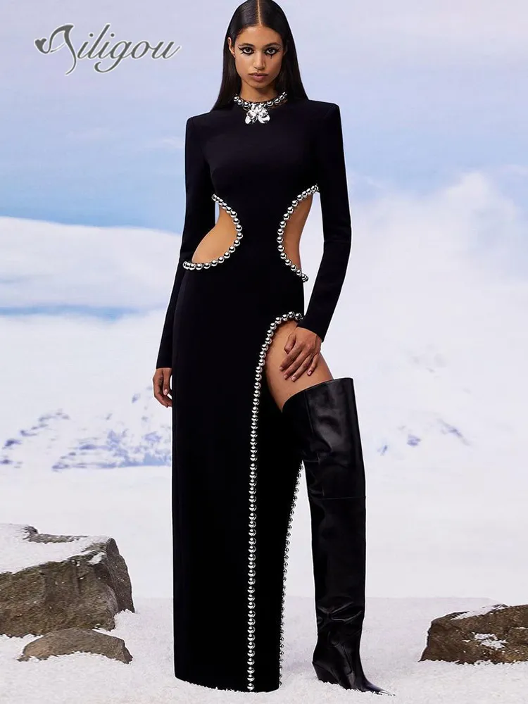 Basic Casual Dresses Ailigou Fall Winter Style Women s Sexy O Neck Cutout Black Beaded Long Bodyband Dress Elegant Celebrity Party 230919