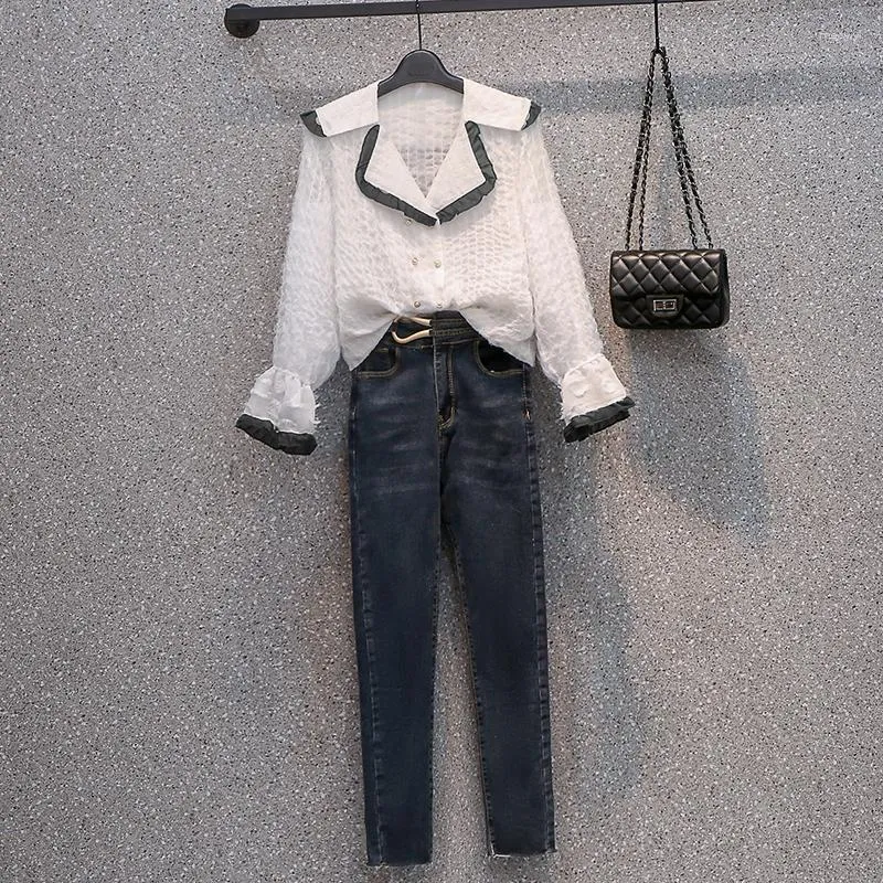 Dwuczęściowe spodnie damskie 2023 Spring Autumn Ruffles koszula dżinsowe spodnie dżinsowe dżinsy Bluzka Dwuczęściowe koreańskie eleganckie ubrania Zestaw ubrania