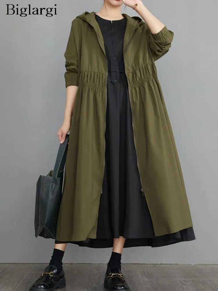 Giubbotti da donna oversize autunno lungo trench cappotto da donna con cappuccio moda pieghettato signore frangivento manica casual allentato donna 2023 230918