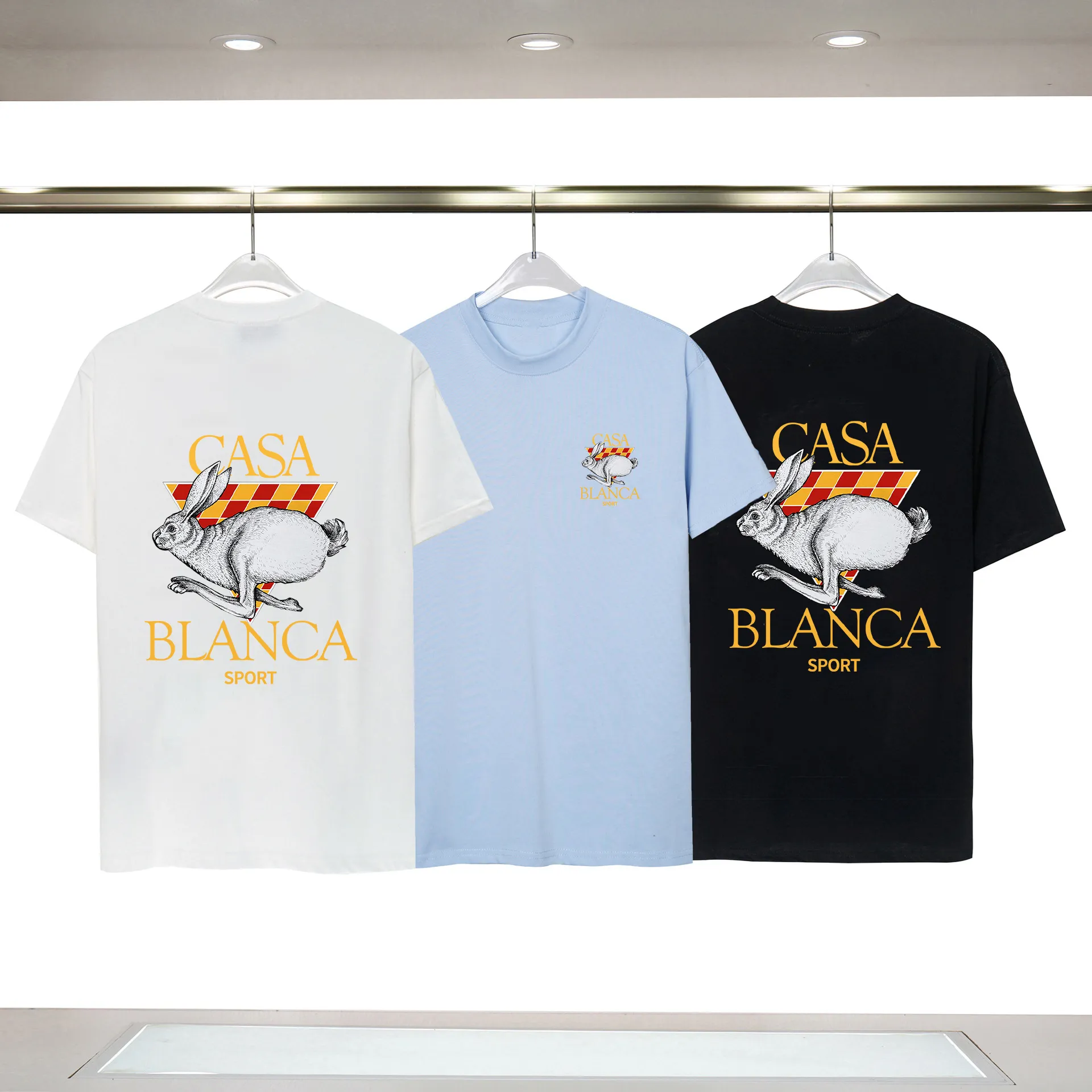 Summer New Casablanca Designer T shirt Hawaii Running Rabbit Men and Women Loose Versatile Cotton Short Sleeve Fashion Tops