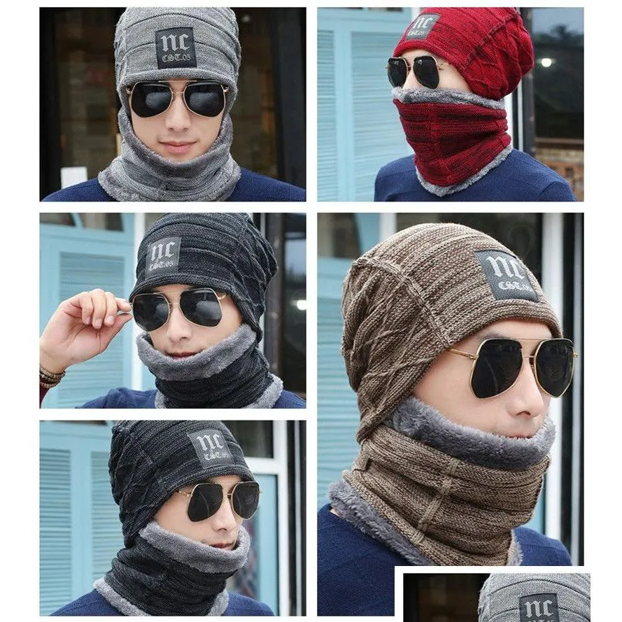 Klassisk vinter stickad hatt halsduk set veet varm mjuk tjock krage mössa för män kvinnor mask bonnet hattar droppleverans dhgtp