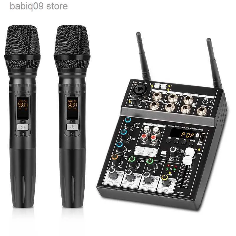 4-Channel Audio Mixer with Wireless Microphones Bluetooth USB Mixing  Console for Stage, DJ, Karaoke PC GT502 Buy Now!