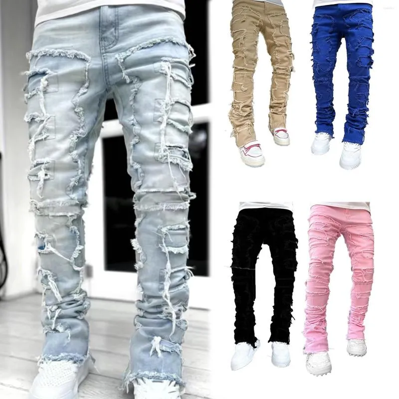 Men's Ripped Stacked Jeans Slim Fit Patch Distressed