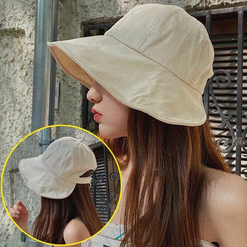 Women Summer Sunhat Cotton Ponytail Bucket Hat Outdoor Beach Adjustable Sun Visor Hats Solid Color Foldable Panama Fisherman Cap 230920