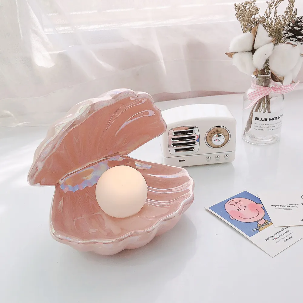 Decorative Objects Figurines Ins Japanese Style Ceramic Shell Pearl Night Light Streamer Mermaid Fairy Lamp For Bedside Home Decoration Xmas Gift 230919