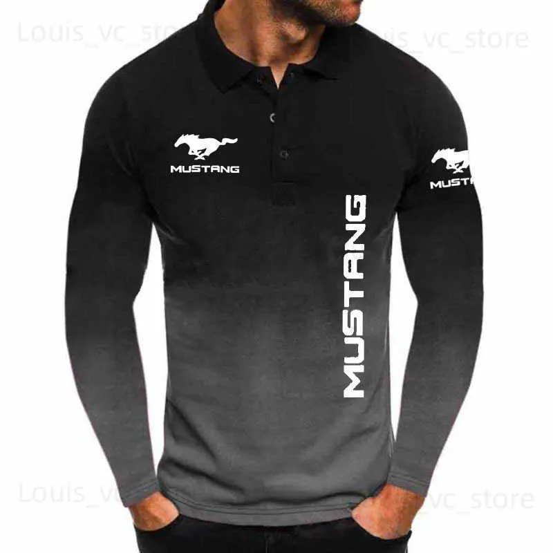 Polos męski gorąca wyprzedaż męska koszula polo z długim rękawem bawełniana koszula męska mustang car gradient moda biznesowa męska odzież pullover t230919