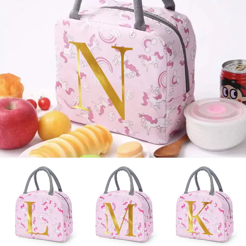 Lunch Bags Portable Box Women Pink Unicorn Cooler Bag Letter Ice Pack Insulation Package Insulated Thermal Food Picnic Pouch 230919