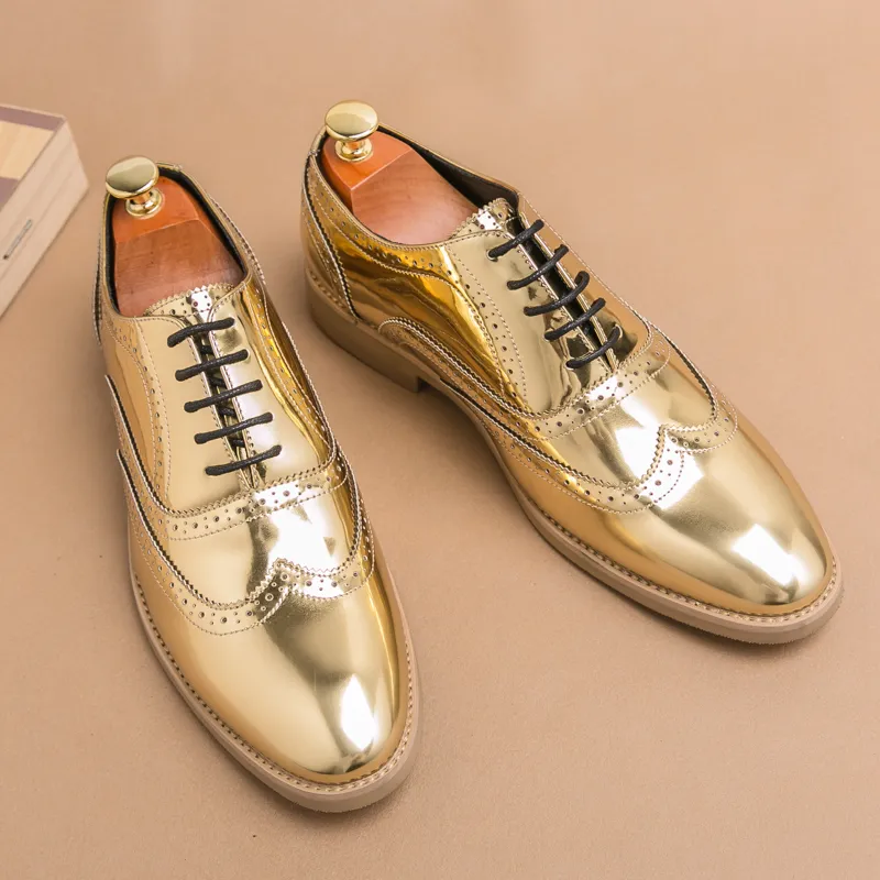 Mens Formal Shoes Gold Leather Oxford Shoes Dress Shoes Wedding party Lace Up Leather brogue Business Shoes men For Boys Party Dress Boots