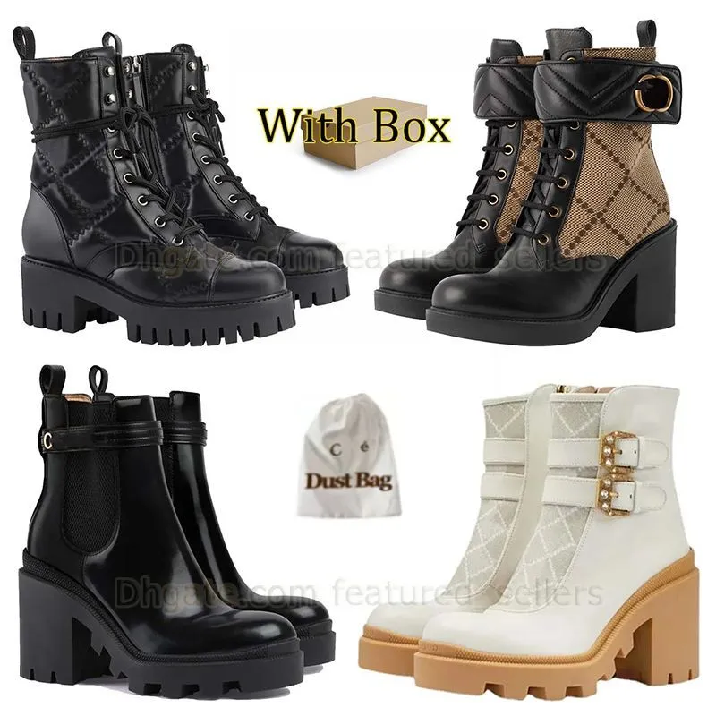 Moda Martin Boot Diz Yüksek Deri Önyükleme Çöl Boot Ayak bileği Boot Vintage Baskı Yüksek Topuk Savaş Boot Up Boot Jacquard Klasik Platform Botları Kutu