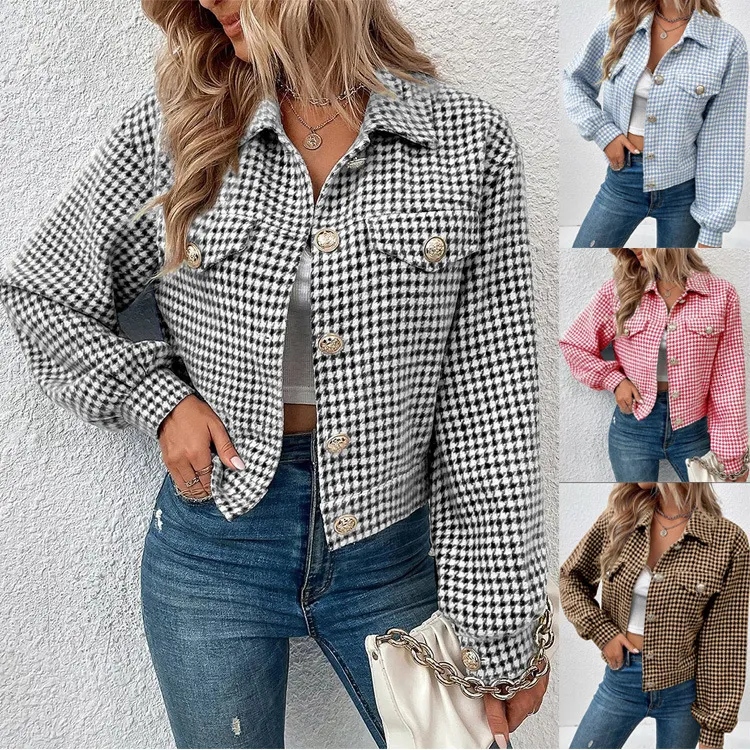 Chaqueta de mujer Mezclas de lana 2023 Chaqueta de jacquard a cuadros a cuadros con solapa de otoño e invierno europea y americana abrigo para mujer 230918