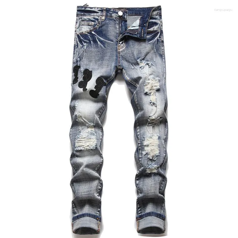 Herren-Jeans, zerrissene Stickerei, gewaschen, ausgefranst, blaue Denim-Hosen, elastischer Druck, gefärbt, kleine Füße, Bleistifthose im Punk-Stil