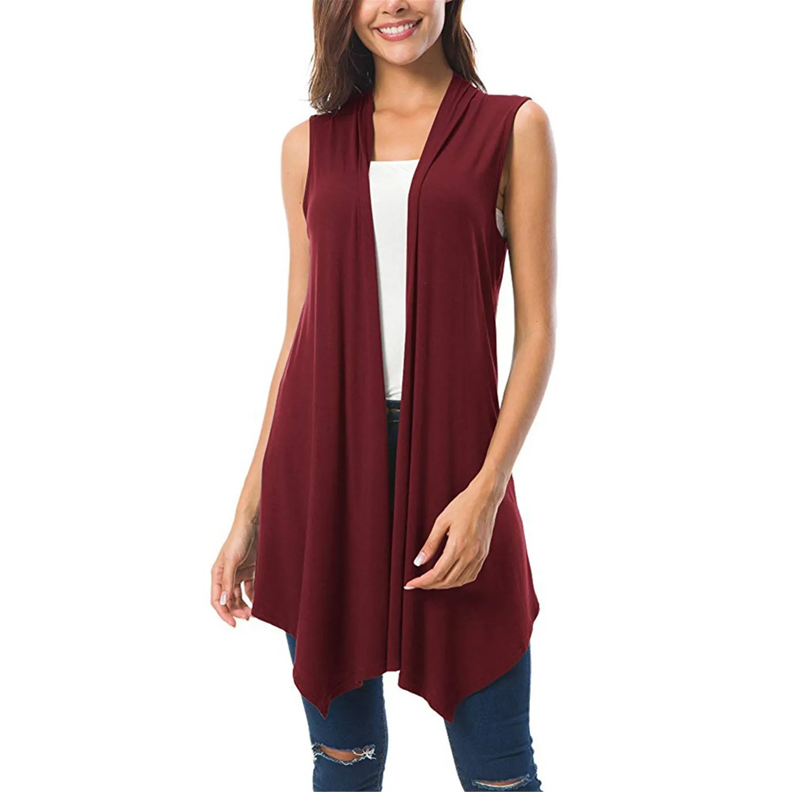 Women's Knits Tees 's Sleeveless Draped Open Front Cardigan Vest Asymmetric Hem Tops Ladies Casual Loose Vintage Long Cardigans Female Clothes 230918