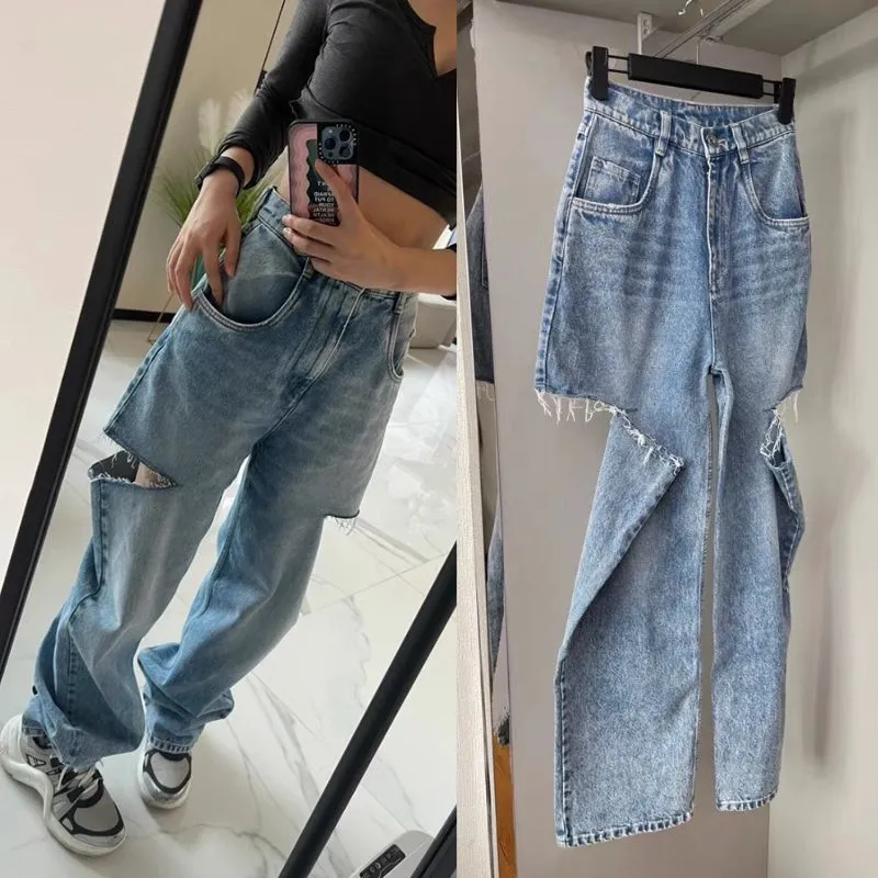 Margiela Washed Blue Knife Cut Hole Wide Leg Jeans Outfit For 