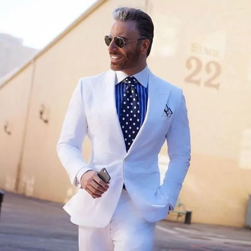 Slim Fit White Peaked Lapel Mens Ivory Suit Set Single Breasted