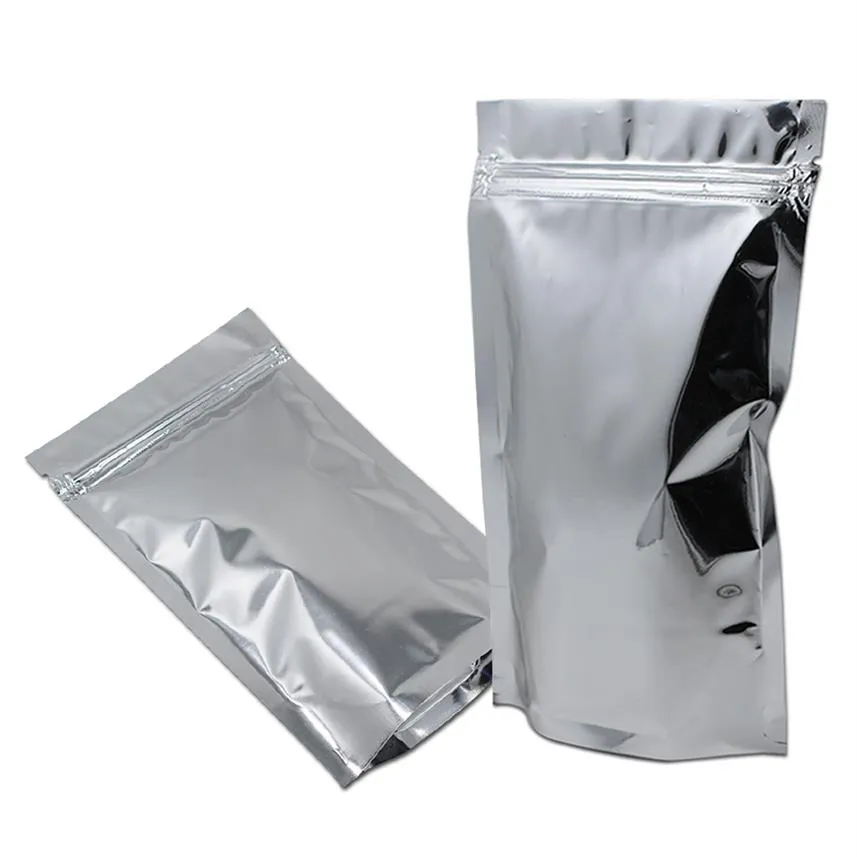 100 PCS 12x20cm Silver Stand Up Aluminum Foil Food Storage Packing Bag for Coffee Tea Powder Mylar Foil with Zipper Packing Pouche338M