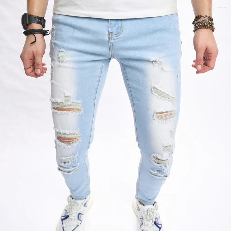 Męskie dżinsy Stylowe dziury streetwearne szczupły spodnie rozerwały solidne dżinsowe spodnie na ołówek