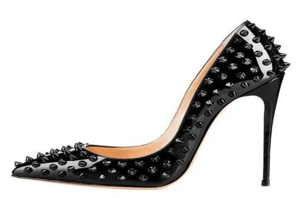 New Shoes Spike Heels Black Patent Leather Stiletto Pumps Rivets