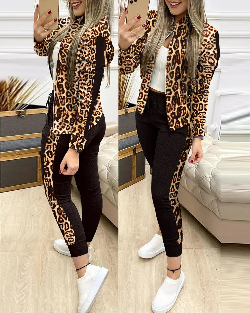 Kvinnors träningsdräkter Trend Leopard 2 Tvådelat Set Women Outfits ActiveWear Zipper Top Leggings Kvinnor Matchande Set Tracksuit Kvinnliga kläder för kvinnor 230918