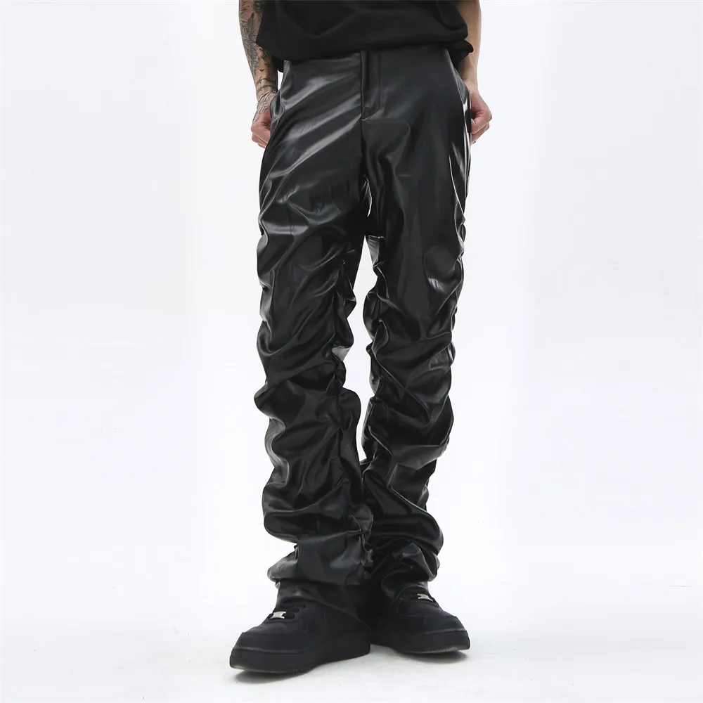 Hiphop heren pu lederen gestapelde broek retro streetwear losse casual broek rechte stevige kleur lading broek