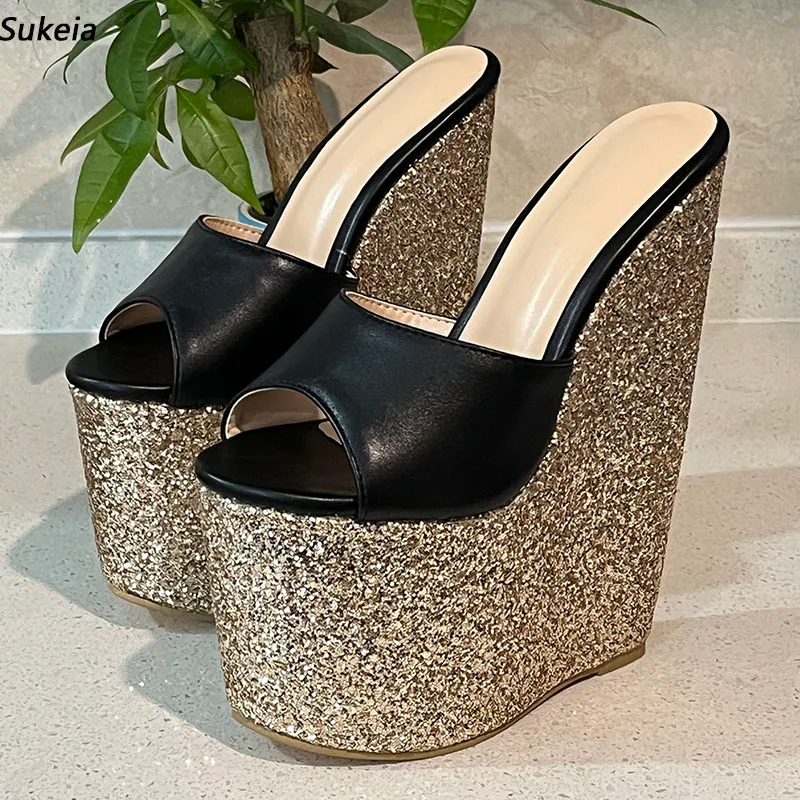 Sukeia New Women Platform Mules Sandaler Kilar Höga klackar glider på Peep Toe Classics Black Casual Shoes Ladies Us Plus Size 5-15