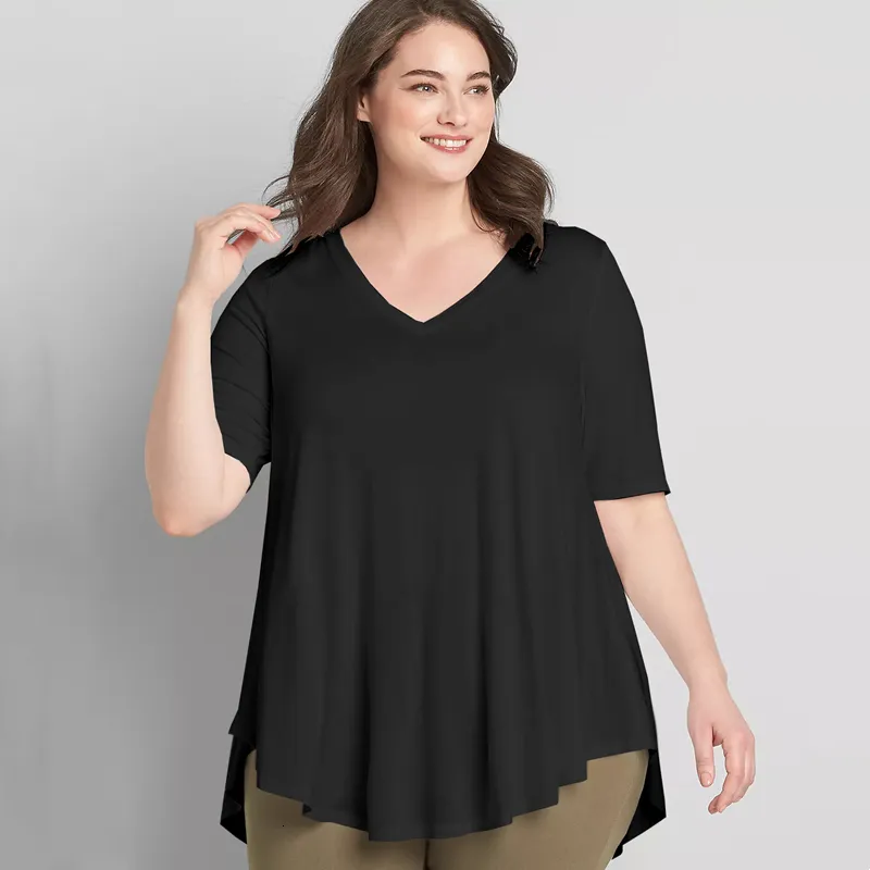 T-shirt grande taille pour femmes, col en V, été décontracté, tunique basse, haut à manches courtes, noir uni, ample, basique, chemisier pivotant et 7XL 230919