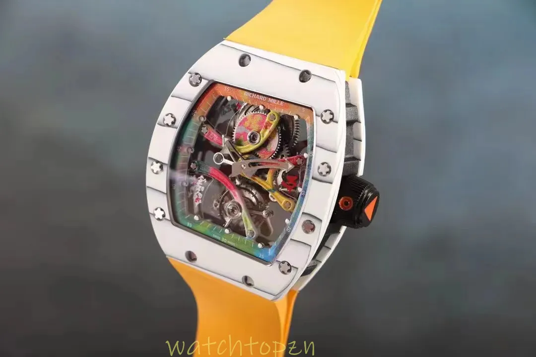 Tourbillon Watch RM68-01 Renk Graffiti Otomatik Mekanik Hareket Karbon Fiber Kılıf Safir Cam Ayna