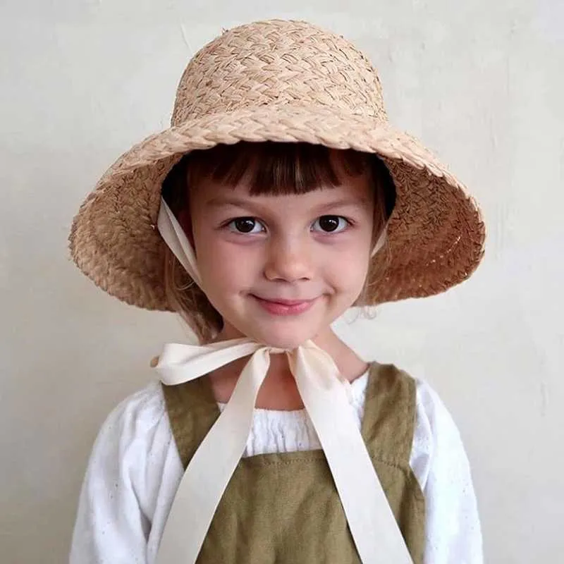 Детские вязаные вручную шляпы от солнца из рафии в стиле ретро с плоским верхом для девочек и мальчиков, летние путешествия, солнцезащитный крем, соломенная шляпа для отпуска со шнуровкой 230920