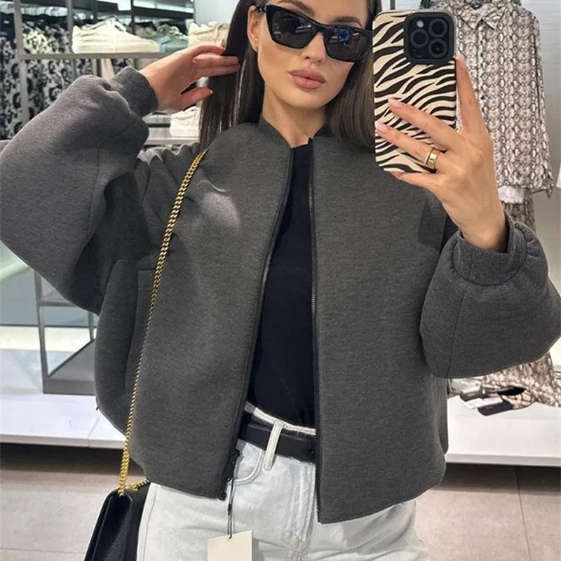 Femmes mélanges recadrée gris chaud Ticken fermeture éclair manches longues automne veste femmes col montant poche manteau femme simple boutonnage haut Streetwear 230918