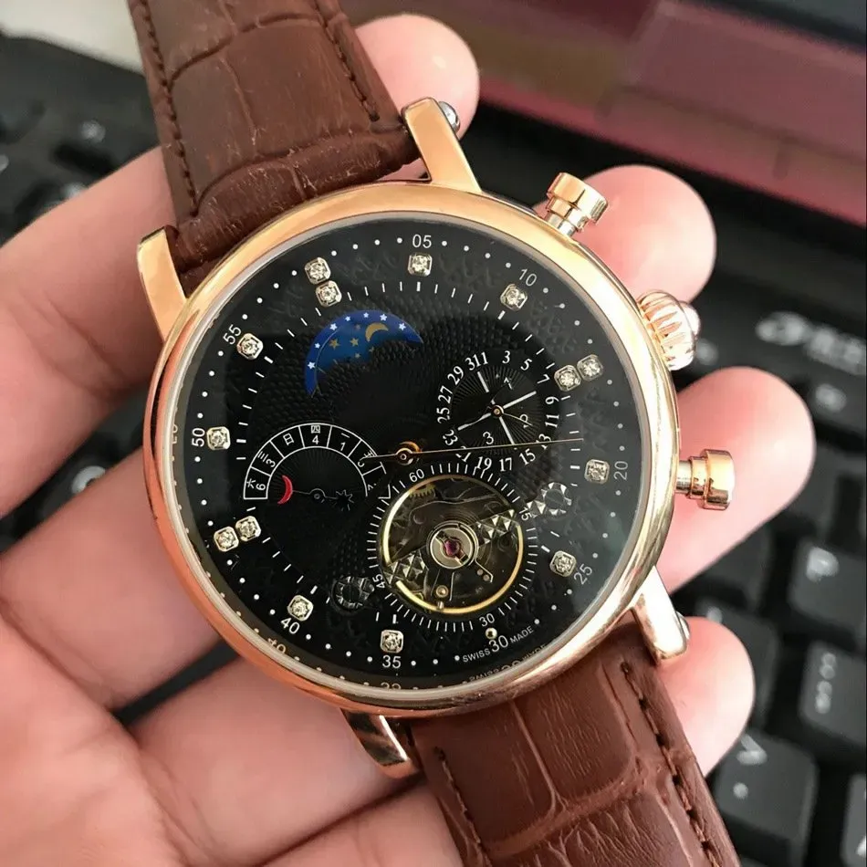 2023 gift wristwatch Business Watch Swiss brand luxury Watch Automatic Movement Self-wind Watches MoonPhase Real Leather Watch Tourbillon