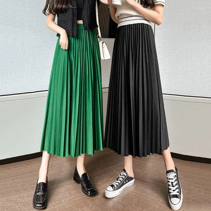 Saias vintage plissado azul verde saia mulheres 2023 verão moda coreana longa cintura alta mujer casual chiffon midi