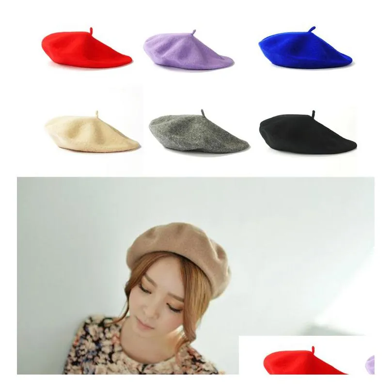 17 cores das mulheres boina de lã sólida primavera outono artista francês beanie menina bonnet bonés elástico chapéu liso atacado elegante pintor gota dh41p