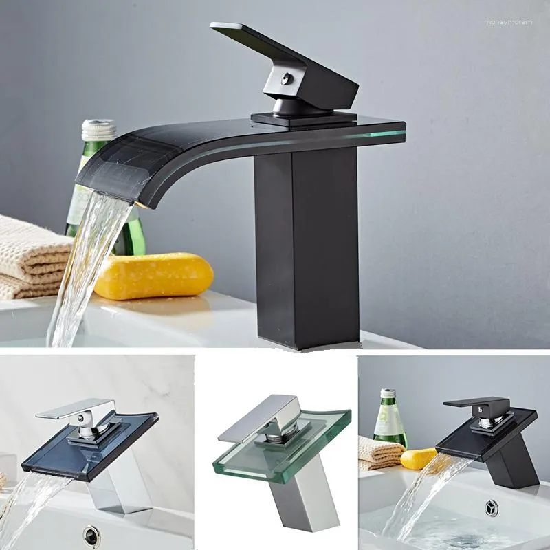Bathroom Sink Faucets Colorful Glass Waterfall Basin Faucet Chrome Single Lever Deck Mounted Square Mixer Tap MY-1222
