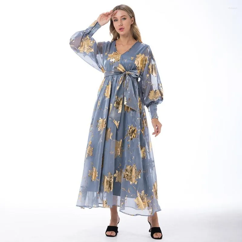 Ethnic Clothing 2023 Roken Evan Women Organza Dress Luxury Muslim Abaya Kaftan Light Blue Stamping Party Wedding Long