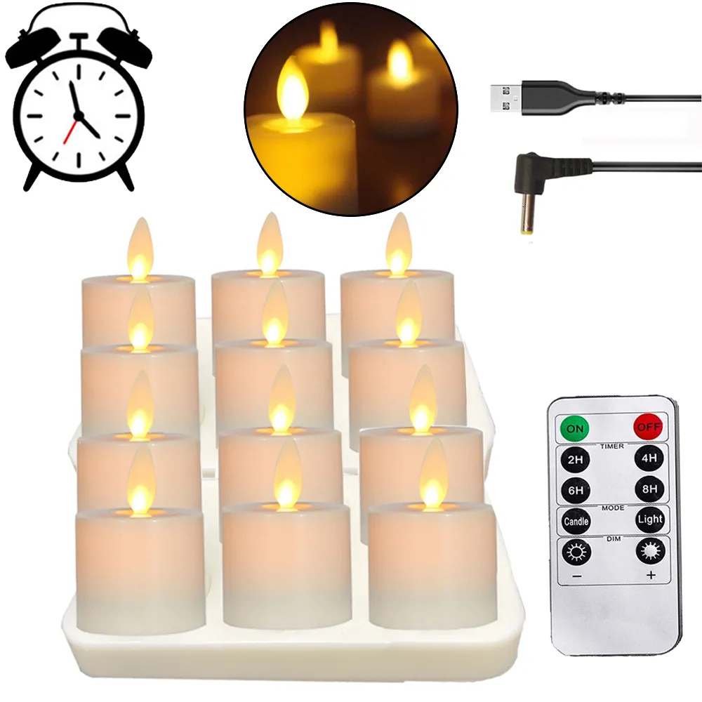 Ljus laddningsbara fjärrkontroll LED -batteriet drivs Flamelösa te -lampor Realistiska flimrande tealight med rörlig wick 230919