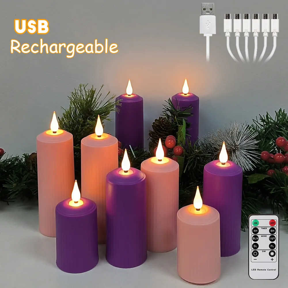 Kaarsen LED Oplaadbaar Via usb Met Flikkerende Vlam Roze Waterdicht Bruiloft Kerst Decoratief Paars Theelichtje Timer 230919