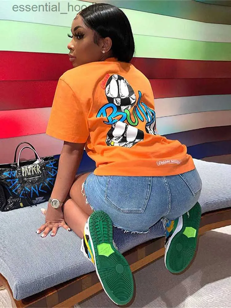 Femmes Blouses Chemises T-shirt Femme WESAYNB Gros Été y2k Vêtements Streetwear Impression Graphique T-shirts Orange O Cou Haut Court Dames Manches Courtes Tee Femmes 2304