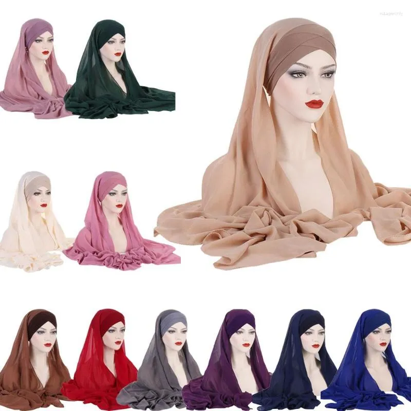 Vêtements ethniques Front Cross Hat avec écharpe en mousseline de soie Instant Hijab Underscarf Bonnet Cap Femmes Musulmanes Long Châle Wrap Veil Amira Foulard