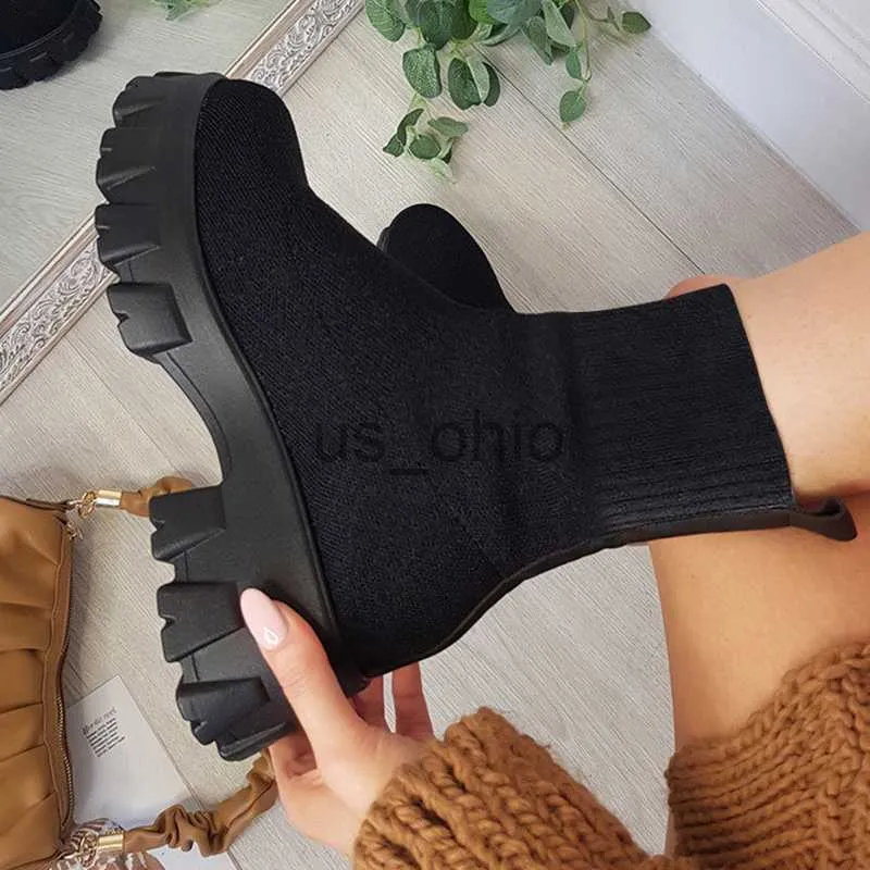 Stiefel Schuhe Frau Stiefel Gestrickte Socken Stiefel frauen Dicken sohlen Kurze Röhre Atmungsaktive Plus Größe 43 Stiefel Plattform booties Heels J230919