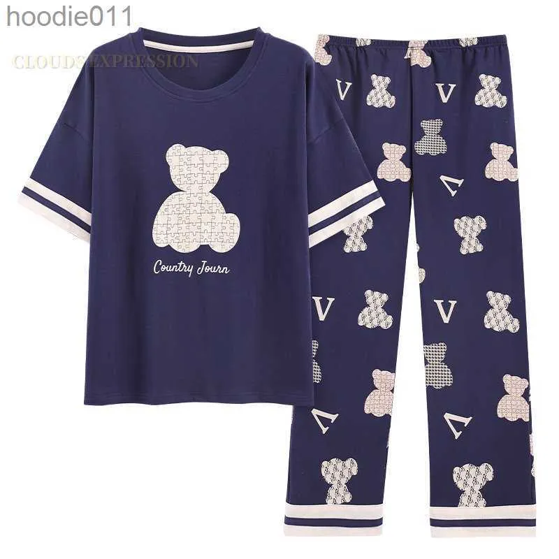 Indumenti da notte da donna Big 5XL Pigiama Set a maniche corte Cartoon Bear lavorato a maglia scozzese di cotone Sleepwear Elegante pigiama da donna Lounge Home Pijama Mujer L230919