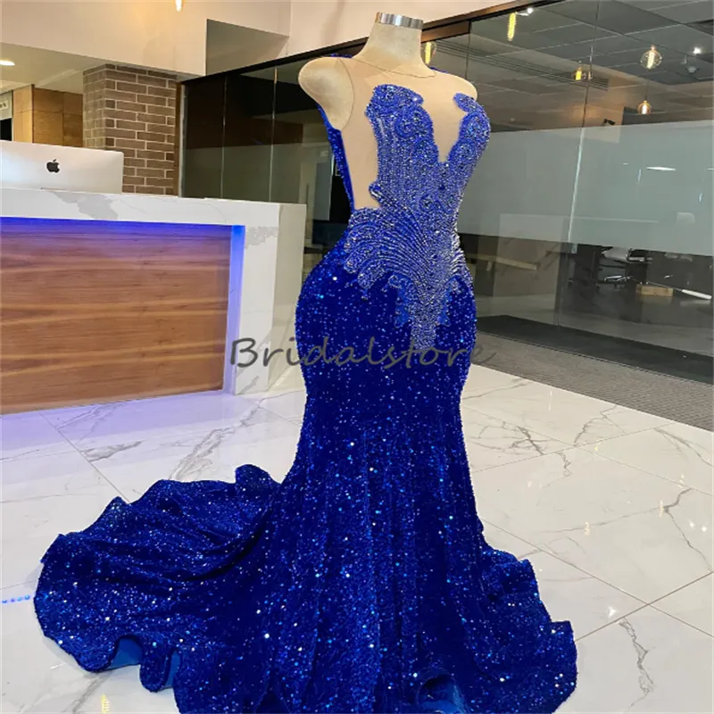 Luxury Blue Sequin Crystal Prom Dress For Black Girls 2023 Mermaid Plus Size South African Party Dress Elegant Formal Evening Birthday Pageant Gowns Vestios Gala