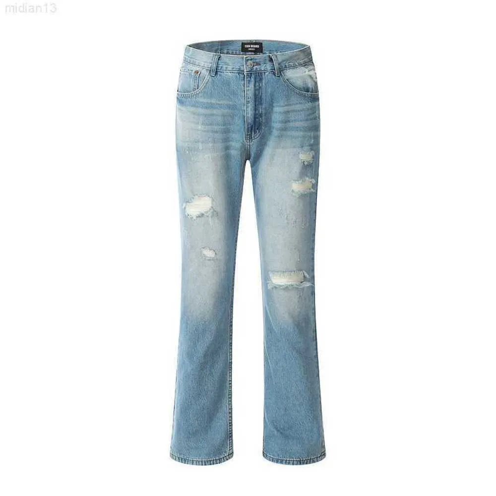 Jeans casual con micro corno a tubo dritto danneggiato blu lavato di marca di moda di High Streetx9s5